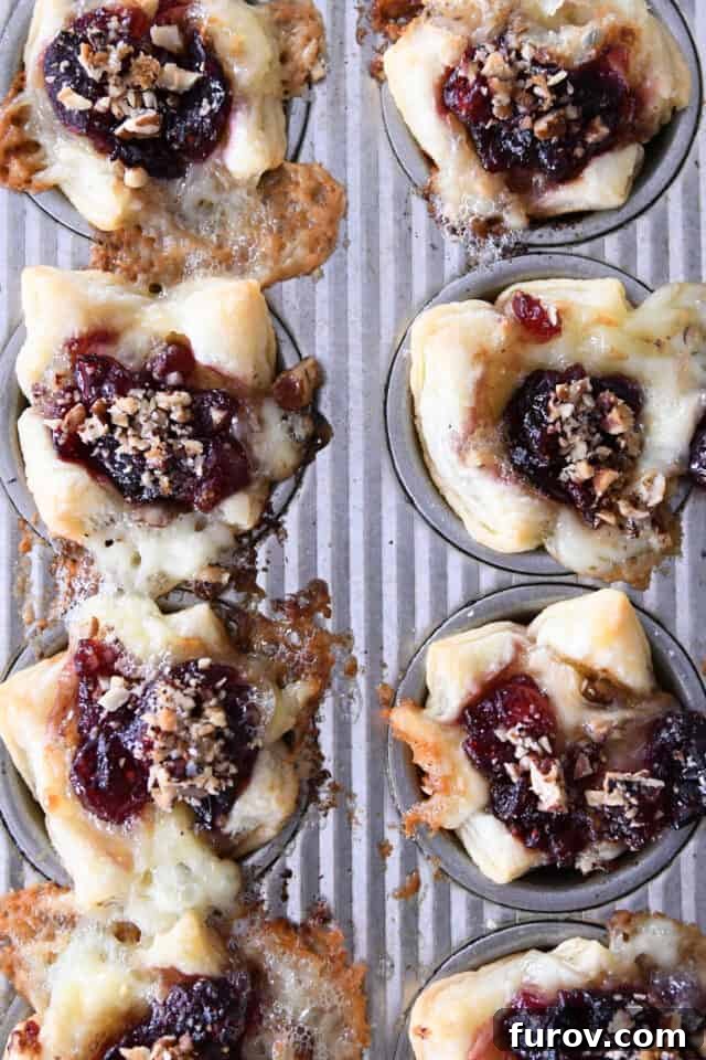 Sweet & Savory Brie Cranberry Puffs 7 Baked cranberry brie bites in mini muffin tin.