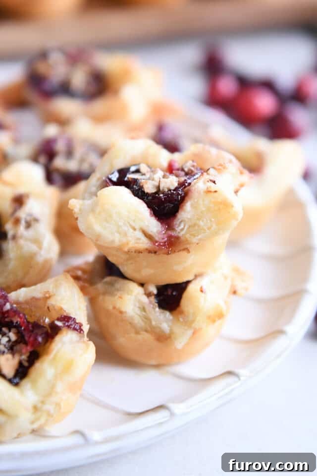 Sweet & Savory Brie Cranberry Puffs 8 Two cranberry brie bites stacked on top of each other on white plate.