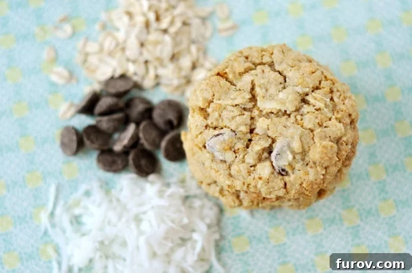 Top down view of a stack of cookies next to piles of shredded coconut, chocolate chips, and sliced almonds, highlighting the rich mix-ins.
