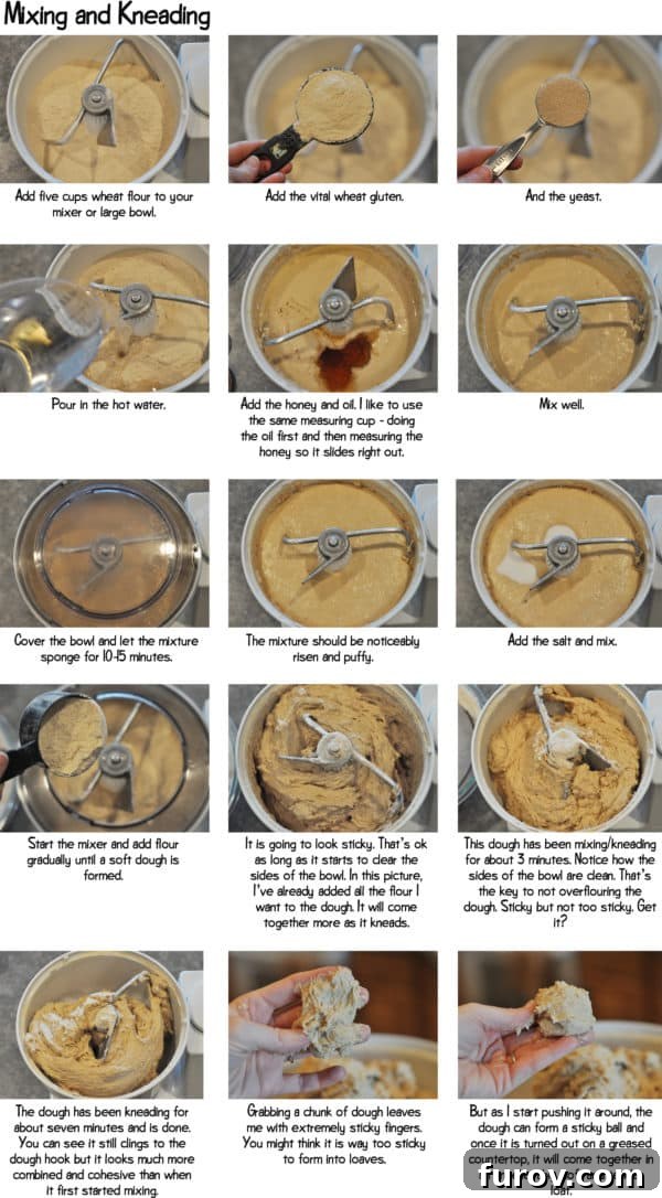 Collage of step-by-step photos illustrating whole wheat bread dough mixing and kneading in a Bosch stand mixer.