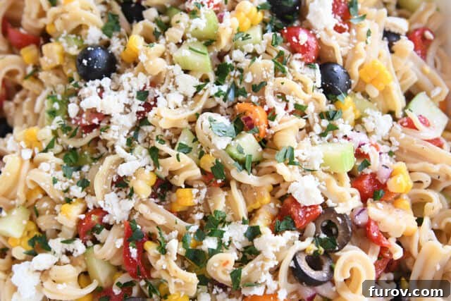 A Fifteen-Year Blogging Odyssey 14 Close up view of Greek pasta salad, a tested recipe