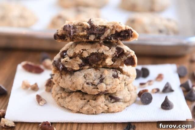 A Fifteen-Year Blogging Odyssey 16 Two cowboy cookies stacked with one cookie broken in half on top, an example of a new recipe.
