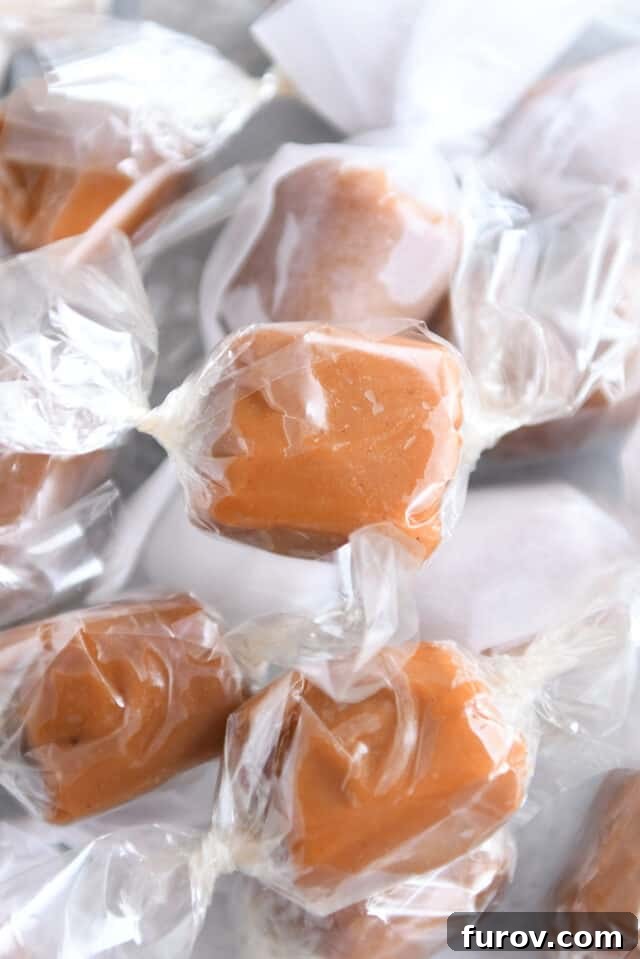 A single gingerbread caramel neatly wrapped in a clear cellophane wrapper, ready for gifting or enjoying.