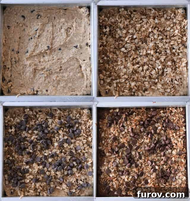 Assembling cake in pan with batter, streusel, chocolate chips and baked cake.