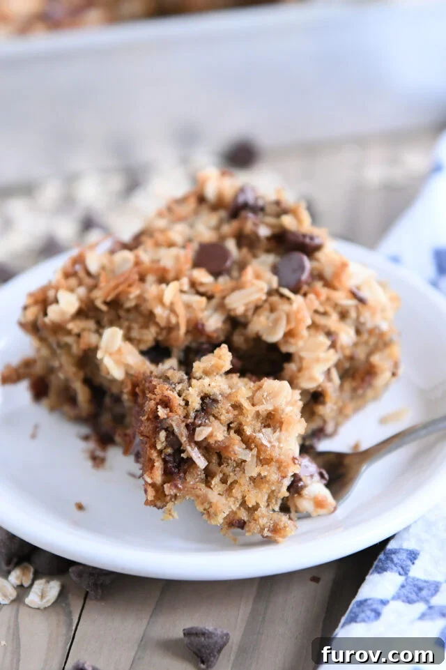 Piece of banana chocolate chip cake on white plate with bite on fork.