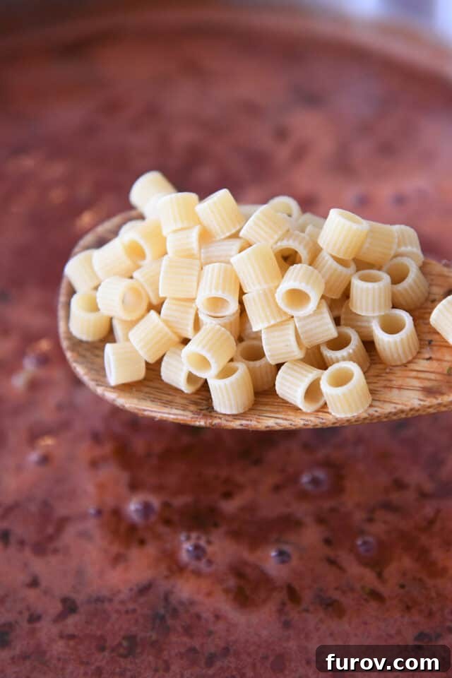 A wooden spoon lifting a handful of ditalini noodles over a simmering pot of rich tomato broth, ready to be added to the creamy beef and tomato noodle soup.