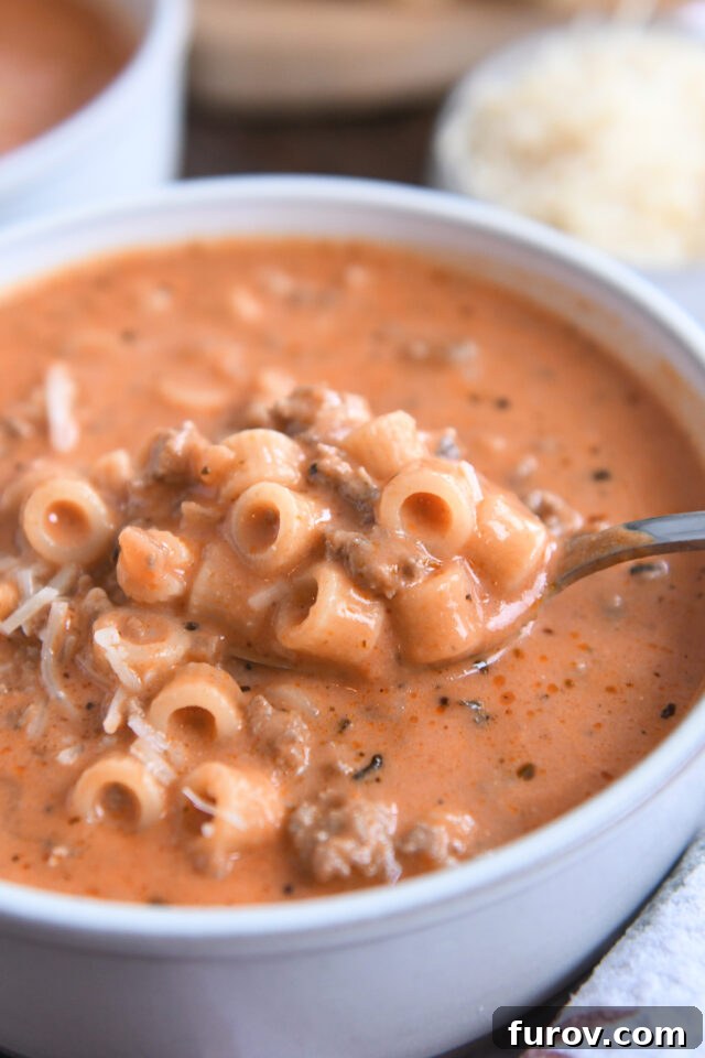 A close-up of a spoon filled with creamy beef and tomato noodle soup, showcasing the perfectly cooked noodles, savory ground beef, and rich broth.