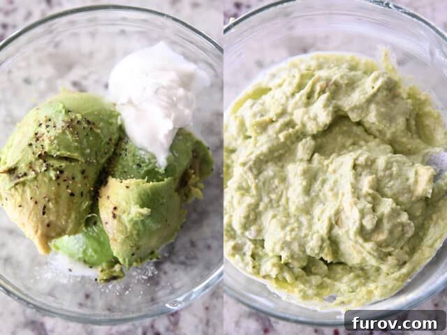 Glass bowls with mashed avocado and sour cream, ready to be mixed for the spread.