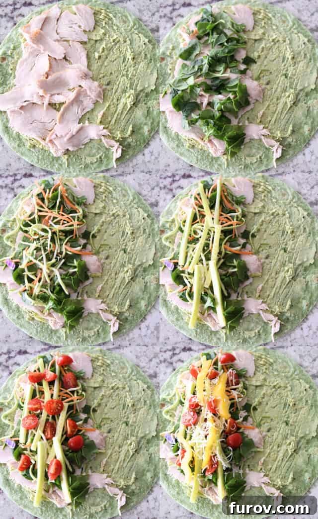 Assembling turkey wraps with spinach wrap, shaved turkey, assorted fresh vegetables and Parmesan cheese.
