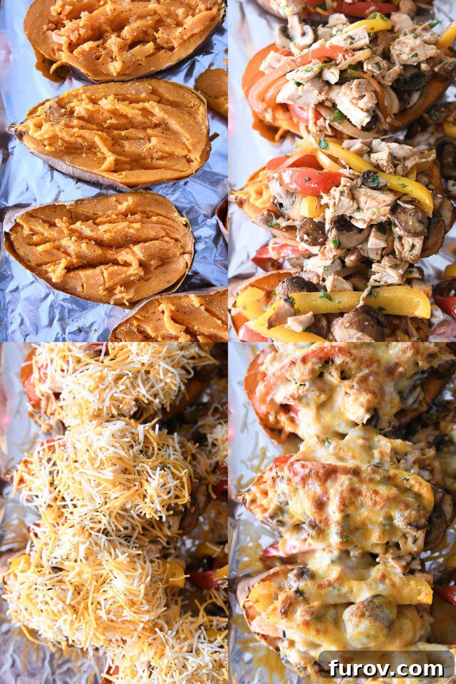 Zesty Chicken Fajita Sweet Potato Bowls 5 Sweet potatoes on a sheet pan, then loaded with veggies and chicken, topped with cheese, and broiled until golden and bubbly.
