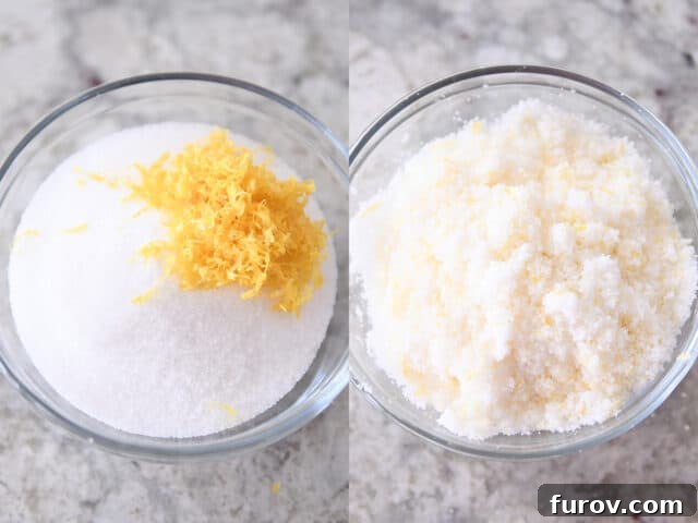 Soft & Chewy Lemon Drop Cookies: So Easy! 3 Close-up of granulated sugar and vibrant lemon zest being combined in a small glass bowl.