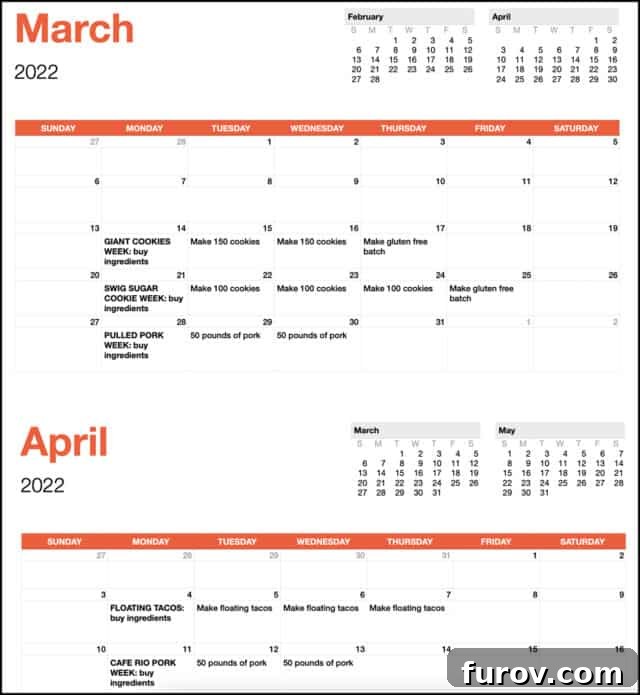 Girls' Camp Food Planning: Menus, Tips and Resources for Large Groups 6 Calendar with food prep details for girl's camp.