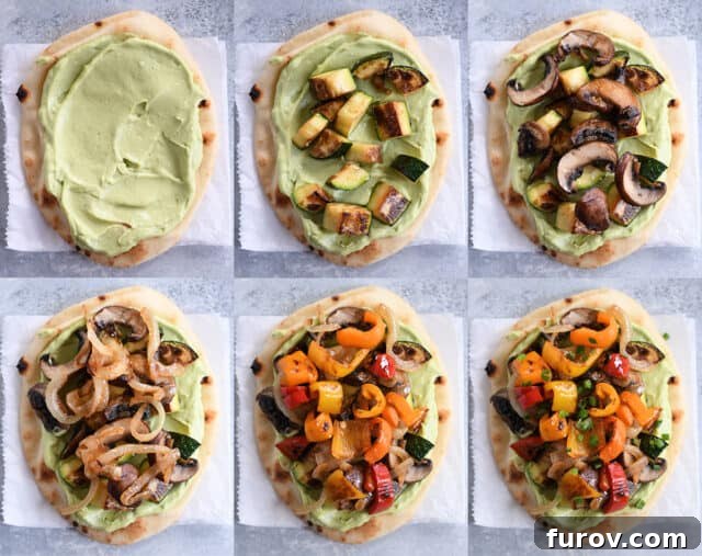 Creamy Avocado & Roasted Garden Flatbread 5 Assembling flat bread with avocado sauce, roasted zucchini, mushrooms, caramelized onions, roasted peppers and green onions.