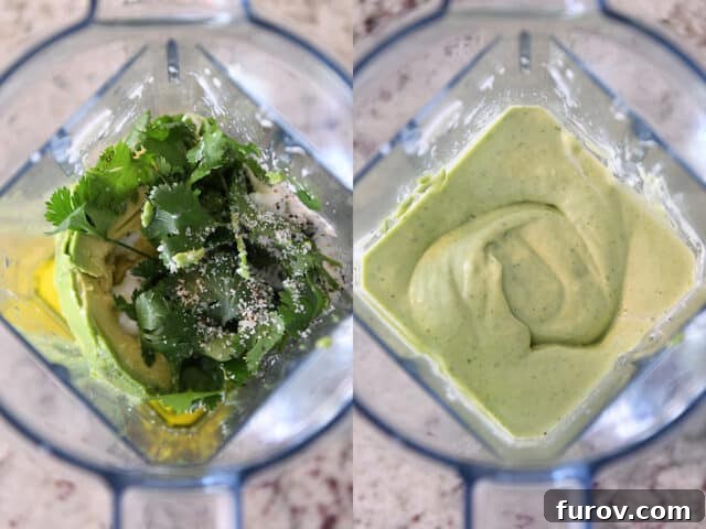 A blender filled with fresh avocado, bright green cilantro, golden olive oil, and various seasonings, alongside a second blender showing the final smooth, creamy green avocado dressing, ready to elevate your culinary creations.