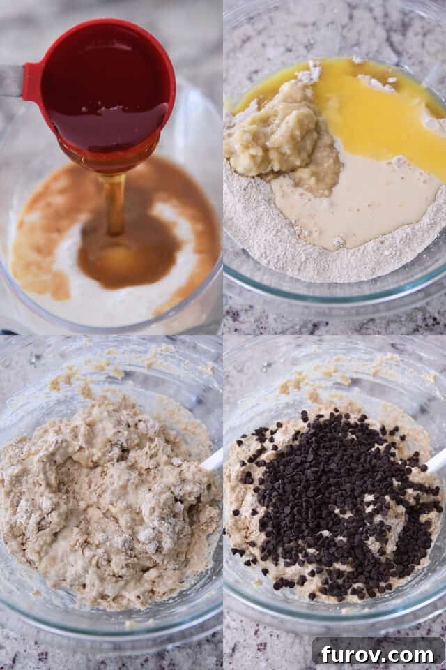 A series of images showing the process of making muffin batter: honey being poured, mashed bananas, ingredients mixing in a glass bowl, and finally, chocolate chips being folded in.