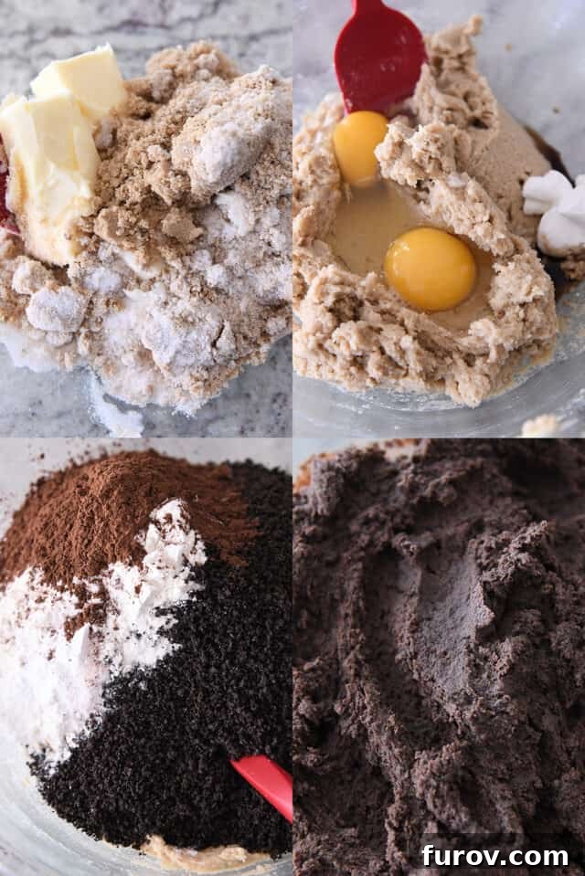 Ingredients for Oreo cookie dough: butter, eggs, sugar, flour, cocoa powder, and crushed Oreo cookies.