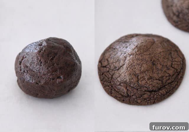 A perfectly portioned ball of chocolate Oreo cookie dough next to a freshly baked, golden-edged Oreo cookie.