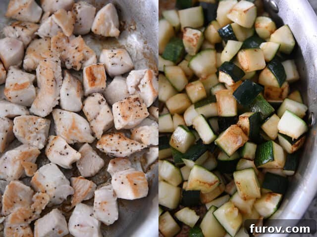 Vibrant Coconut Lime Chicken and Zucchini 3 Chicken pieces browning in pan; zucchini browning in pan. Close-up of chicken and zucchini searing in a hot skillet, creating a delicious base.
