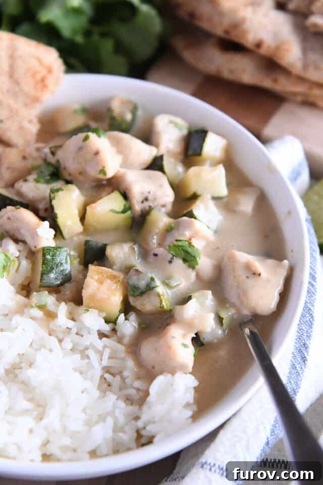 Vibrant Coconut Lime Chicken and Zucchini 5 White bowl with white rice and chicken and zucchini in coconut lime sauce. A close-up of the finished dish, inviting and delicious.