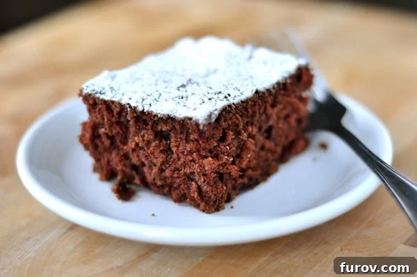 A close-up shot of a perfectly baked, powdered sugar dusted chocolate cake slice on a small white plate.
