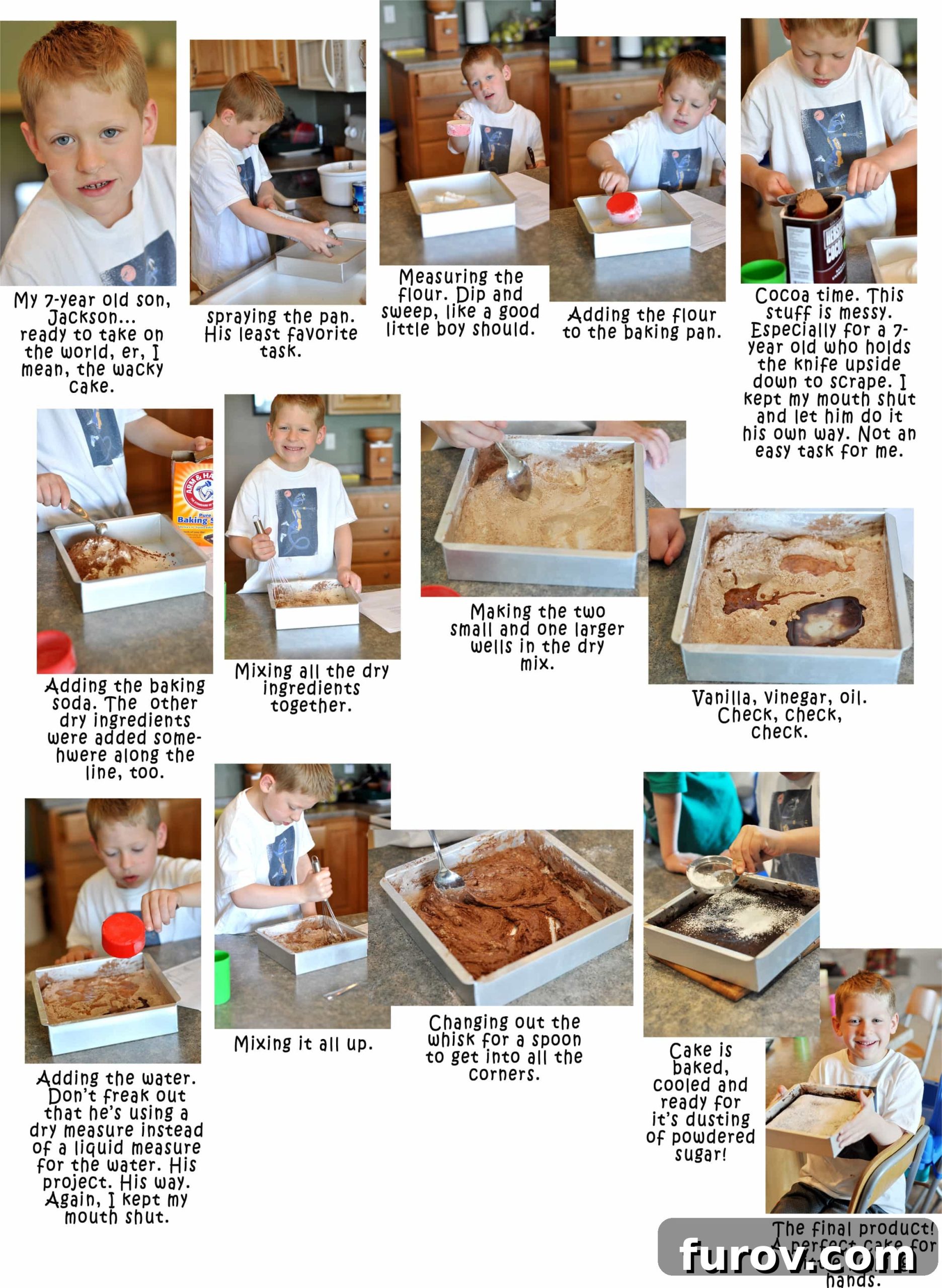 A collage of step-by-step photos illustrating a little boy making a chocolate cake, from mixing ingredients to the final baked product.