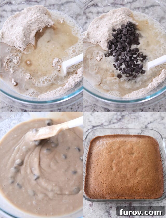 No-Fuss Chocolate Chip Cake 3 Mixing batter for chocolate chip snack cake with oil, water, flour, vinegar, chocolate chips and a finished photo of the baked cake.