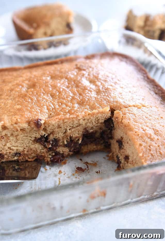 No-Fuss Chocolate Chip Cake 4 Glass square pan with baked chocolate chip cake with a few slices removed.