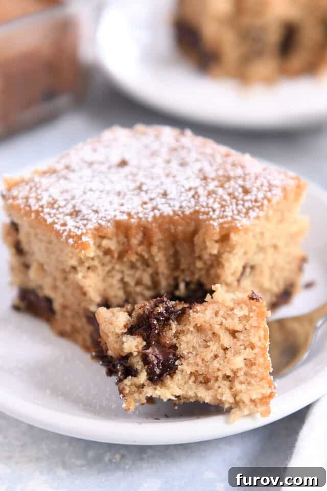 No-Fuss Chocolate Chip Cake 5 Bite of chocolate chip cake on fork.