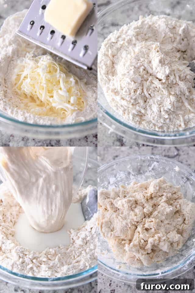 A visual sequence demonstrating the biscuit making process: grating cold butter into flour, mixing dry ingredients with butter, adding sourdough starter and buttermilk, and finally, showing the gently mixed biscuit dough.