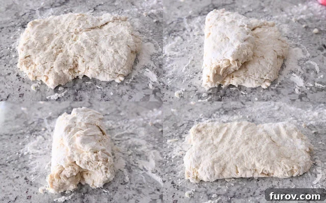 A baker demonstrating the essential technique of folding biscuit dough into thirds on a lightly floured counter, a key step for achieving flaky layers.