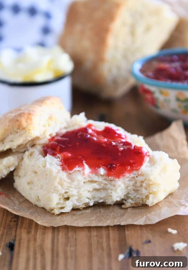 A warm sourdough biscuit, cut in half, revealing its tender, flaky layers, generously topped with butter and vibrant raspberry jam.