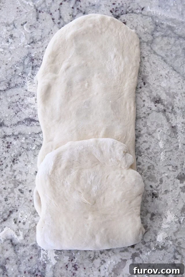 One short end of dough folded to middle of long rectangle.