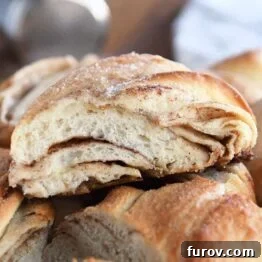 Piece of cinnamon sugar twisted croissant bread.