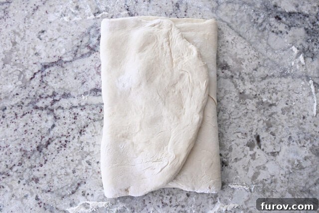 French bread dough folded into thirds on floured counter.