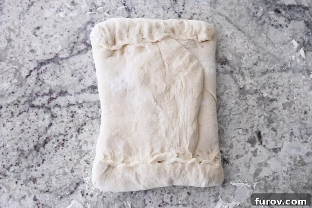 Butter packet folded into dough with dough edges pinched and sealed.