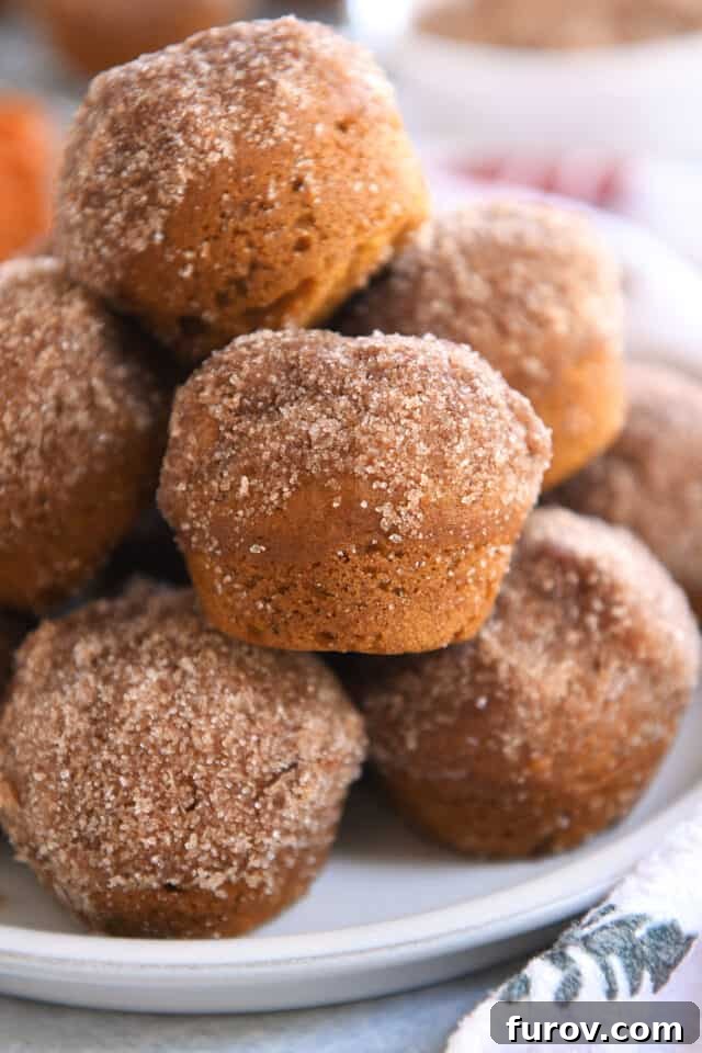 Several pumpkin mini muffins stacked on each other on plate.