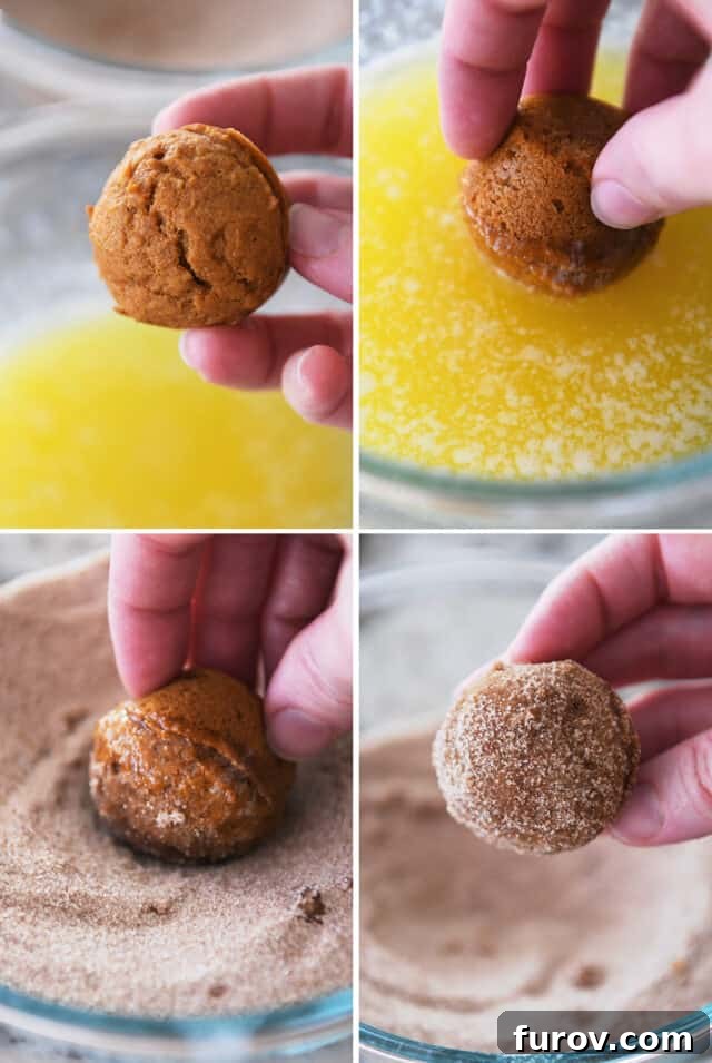 Dipping mini pumpkin muffins in butter and then in cinnamon and sugar.
