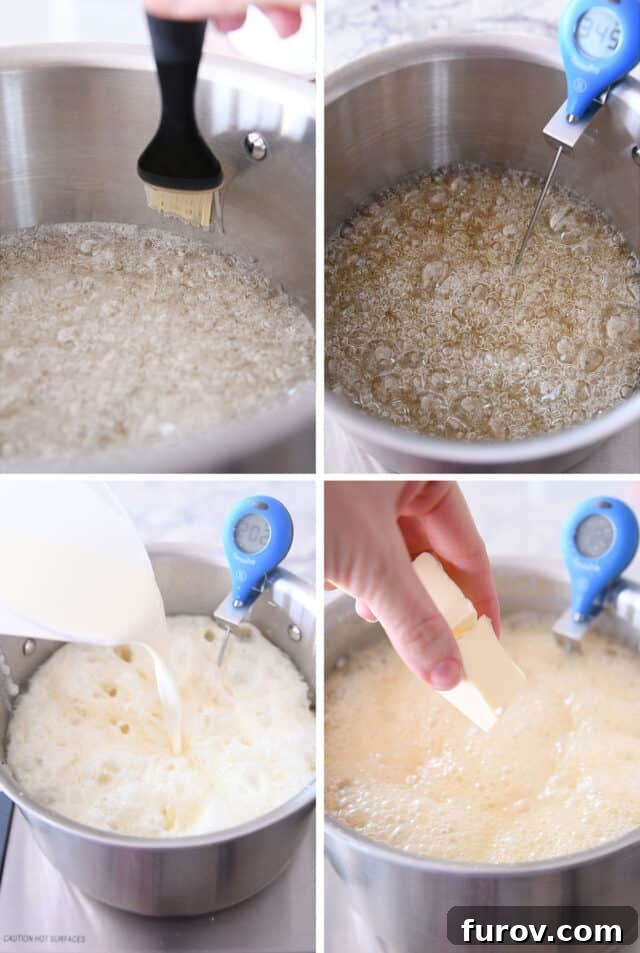 Boiling sugar, adding cream and butter to caramel mixture.