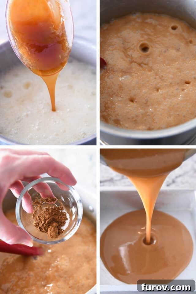 Making apple cider caramels by pouring in apple cider; simmering caramel mixture; adding cinnamon and vanilla; pouring caramel into pan.