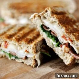 A top-down view of a delicious Smoked Turkey Club Panini, showcasing its golden-brown bread and savory filling.