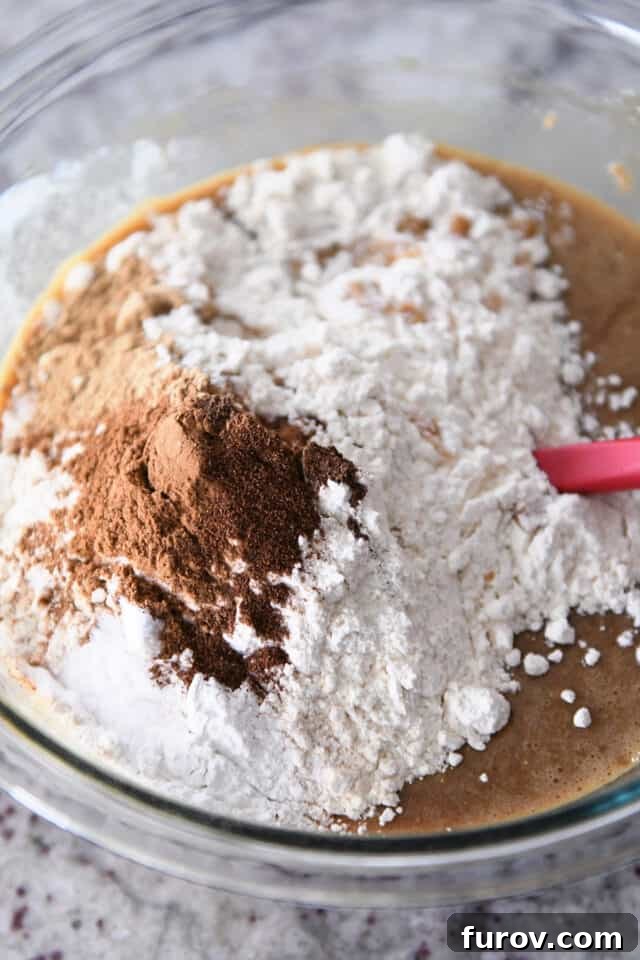 Glass bowl with gingerbread batter being mixed, showing flour, cinnamon, and other dry spices being incorporated.