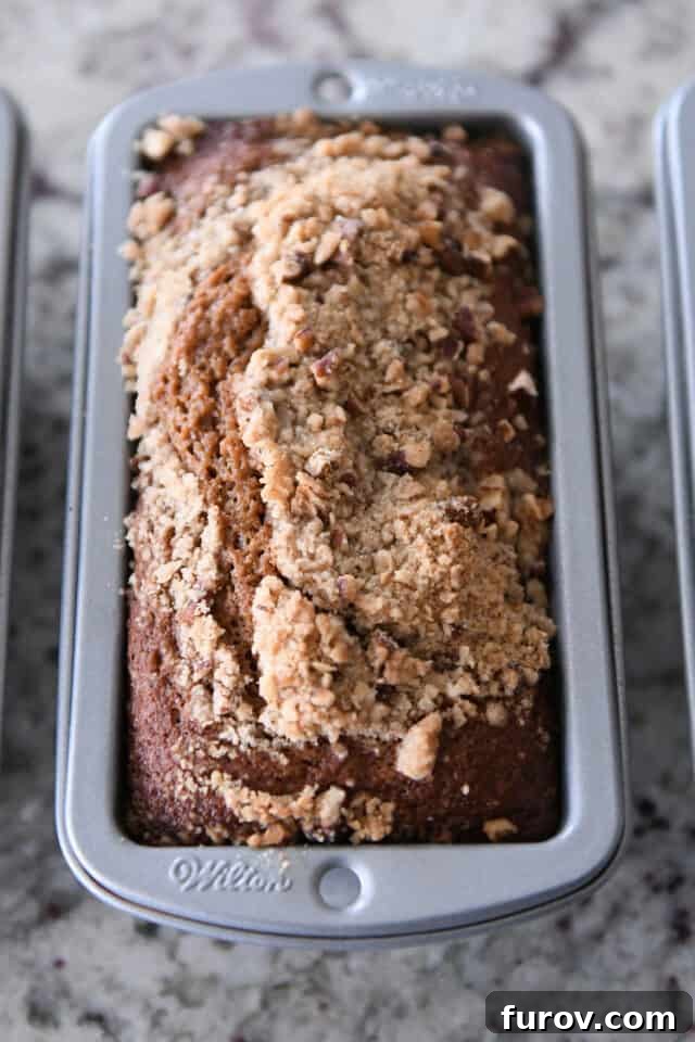 Mini loaf pan with freshly baked gingerbread loaf, golden brown and topped with perfectly toasted streusel.