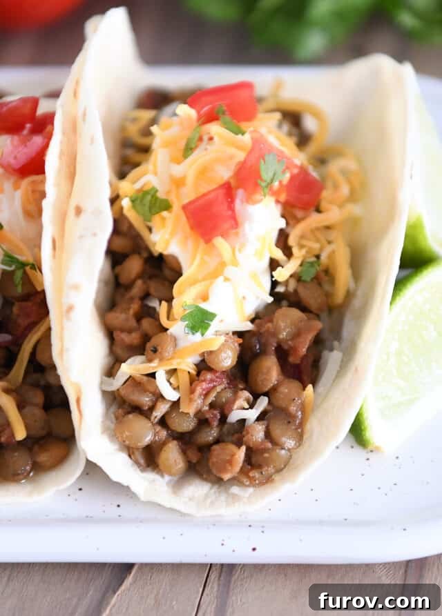 One-Pot Wonder Lentil Tacos 2 Cooked lentils with seasonings in flour tortilla with sour cream, cheese, and tomatoes.