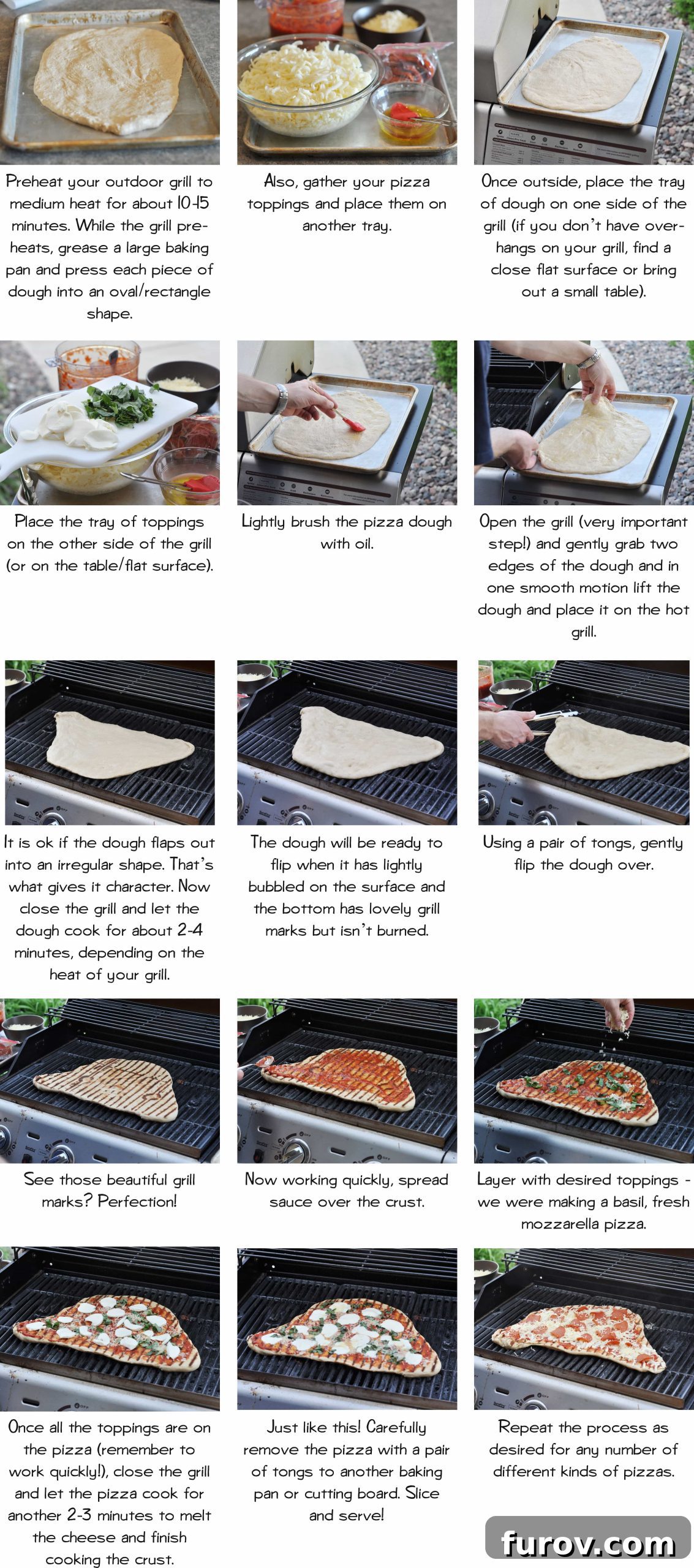 A collage of step-by-step pictures demonstrating how to prepare and grill a homemade pizza from stretching the dough to adding toppings and cooking on the grill.