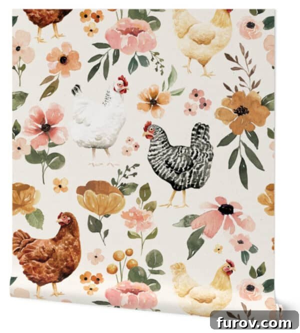 Friday Musings and Big Cookbook News 5 Whimsical chicken and floral pattern wallpaper sample, adding character to a new space.