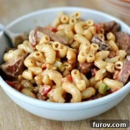 BBQ Macaroni Salad in a white bowl