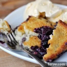 Texas-Style Blueberry Cobbler with a golden crust and juicy blueberries.