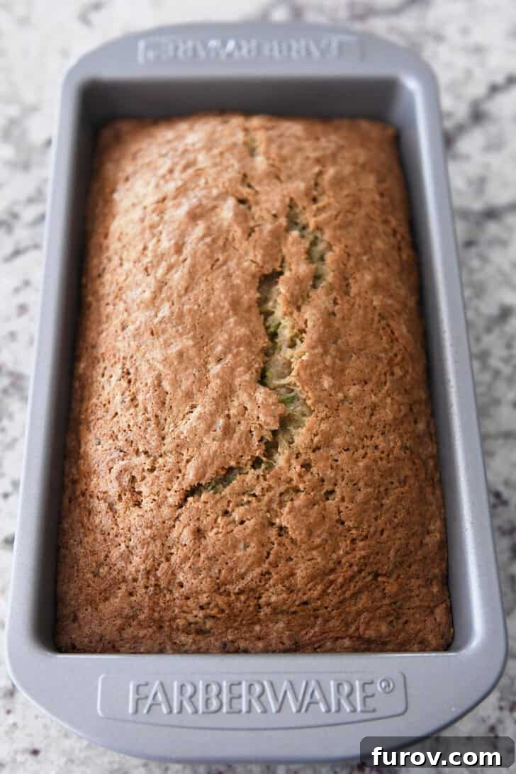 A large loaf pan proudly holding a perfectly baked, golden-brown loaf of zucchini bread, cooling gently after being removed from the oven.