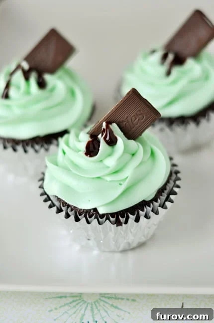 Summit of Flavor Andes Mint Cupcakes 2 Chocolate cupcake in a metallic liner with light green piped frosting and an Andes mint standing tilted in the frosting.