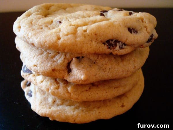 Aunt Alecia's Signature Chocolate Chip Cookies 3 Four perfectly stacked chocolate chip cookies, showing their soft texture and abundance of chocolate.
